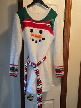 Festive White Snowman Fuzzy Sweater Dress with Striped Belt